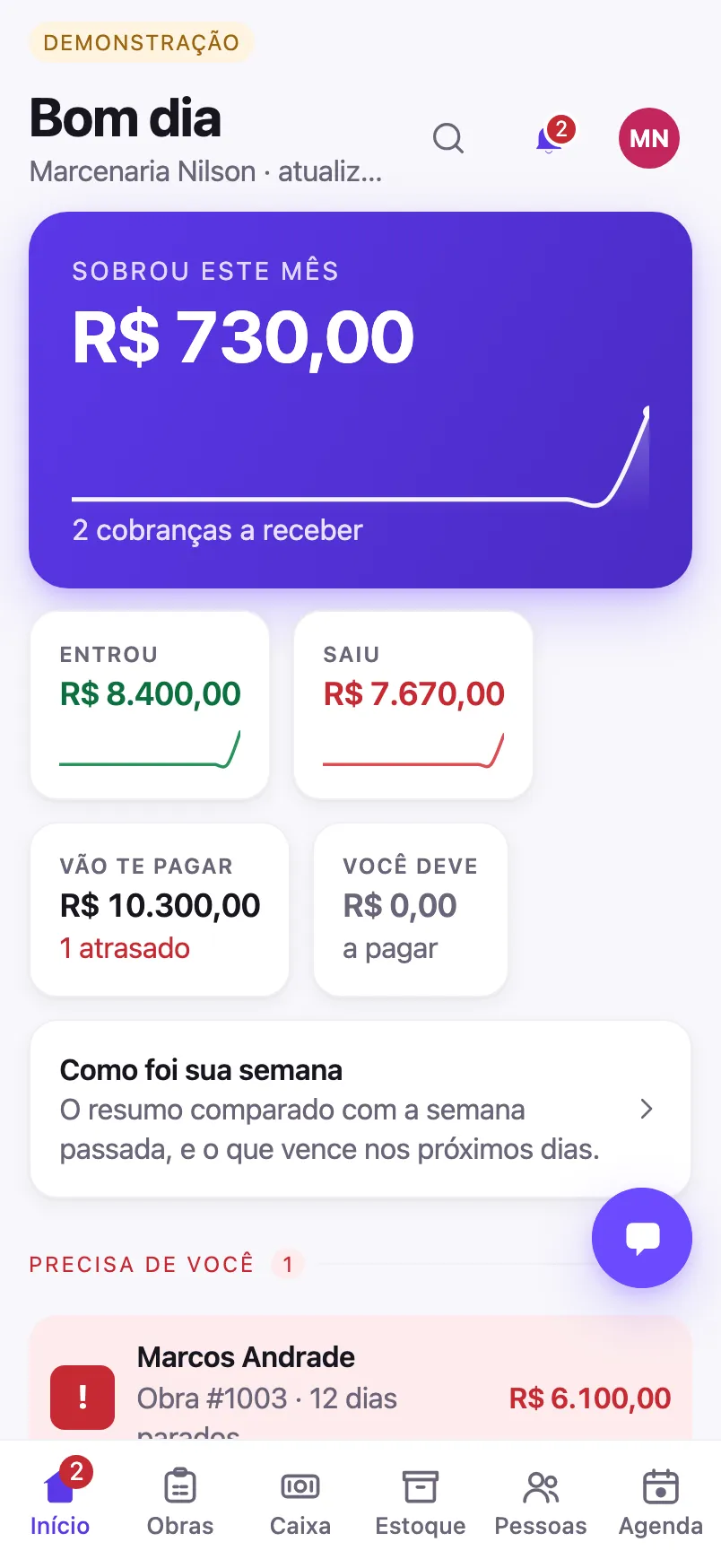A tela inicial do aplicativo, com R$ 730,00 de sobra no mês em destaque e os cartões de entrou, saiu, quem ainda vai te pagar e o que você deve.
